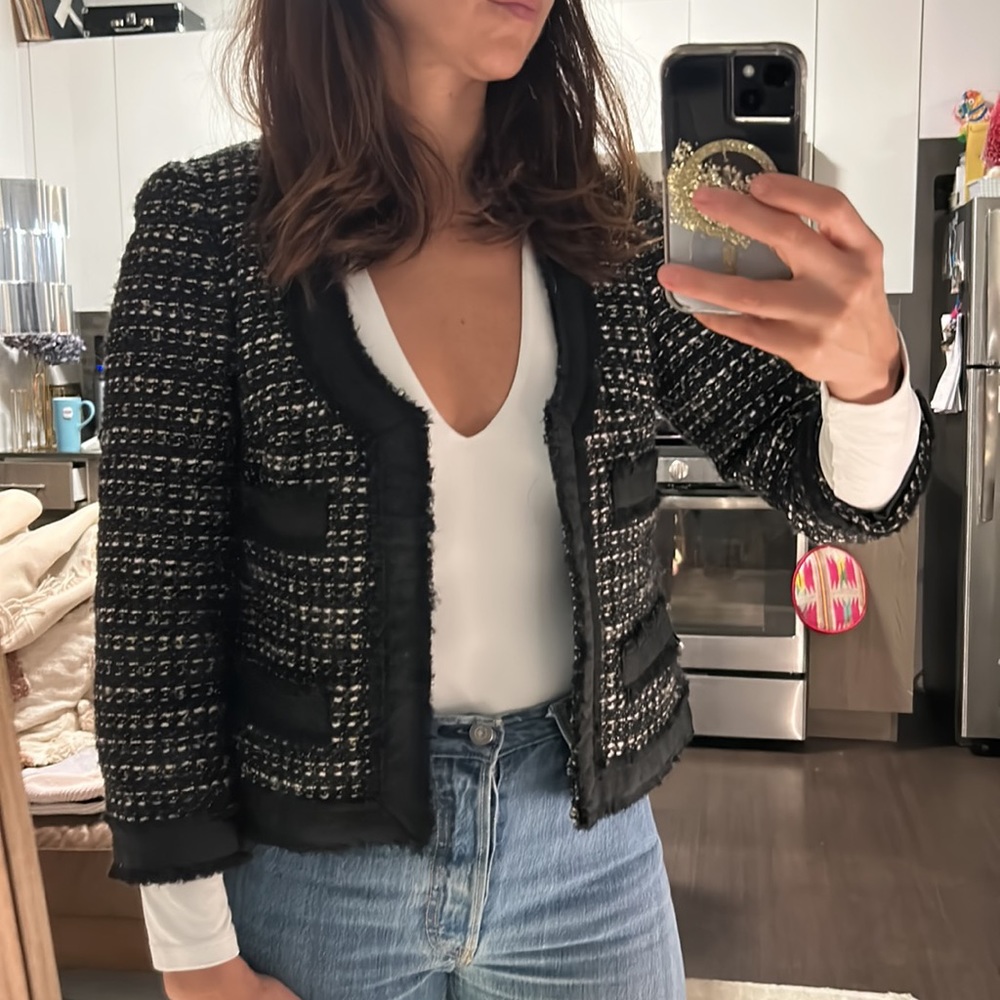 JCrew black and white tweed jacket